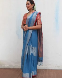 Varsha Handwoven Linen Zari Saree - Jheel
