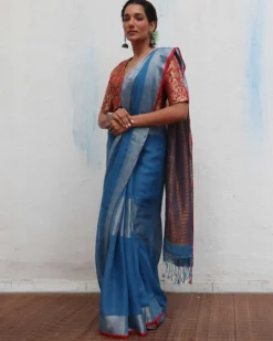 Varsha Handwoven Linen Zari Saree - Jheel