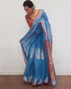Varsha Handwoven Linen Zari Saree - Jheel