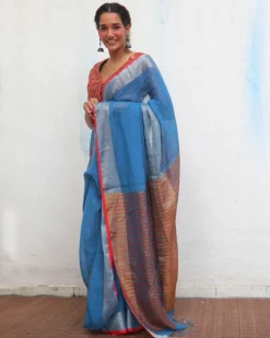 Varsha Handwoven Linen Zari Saree - Jheel