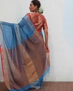 Varsha Handwoven Linen Zari Saree - Jheel