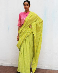 Vincent Lime Green Handblock Printed Cotton Saree