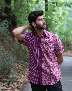 Violet Block Printed Cotton Half-Sleeved Shirt