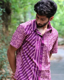 Violet Block Printed Cotton Half-Sleeved Shirt