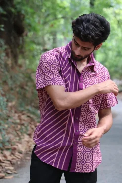 Violet Block Printed Cotton Half-Sleeved Shirt