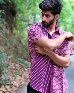 Violet Block Printed Cotton Half-Sleeved Shirt