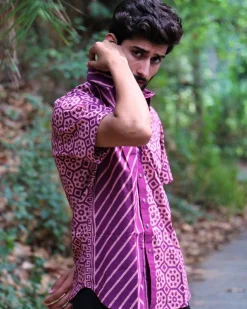 Violet Block Printed Cotton Half-Sleeved Shirt