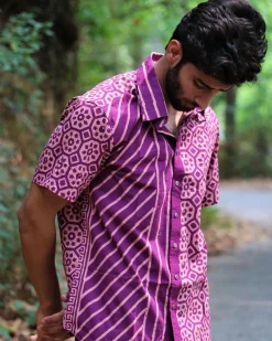 Violet Block Printed Cotton Half-Sleeved Shirt