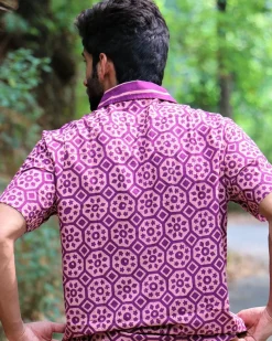 Violet Block Printed Cotton Half-Sleeved Shirt