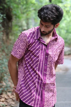 Violet Block Printed Cotton Half-Sleeved Shirt