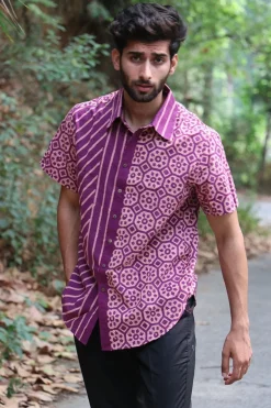 Violet Block Printed Cotton Half-Sleeved Shirt