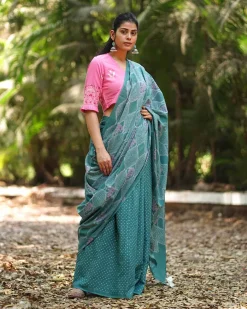 Violet’s Vow Teal Green Block Printed Saree - MMG