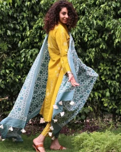 Yellow Block printed Kurti & Bottom (Set Of 2)