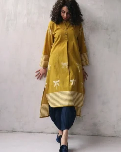Yellow Blockprinted Cotton Kurti And Bottoms Set Of 2