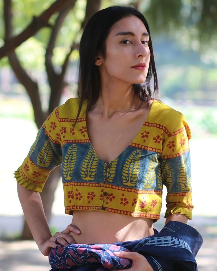 Yellow Blockprinted Crop Top Blouse