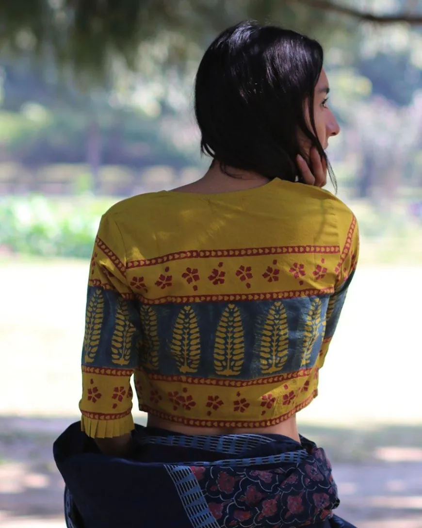 Yellow Blockprinted Crop Top Blouse
