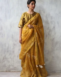 Yellow Blockprinted Handwoven Linen Zari Saree - Anant