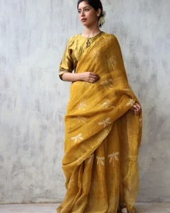 Yellow Blockprinted Handwoven Linen Zari Saree - Anant