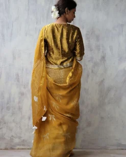 Yellow Blockprinted Handwoven Linen Zari Saree - Anant