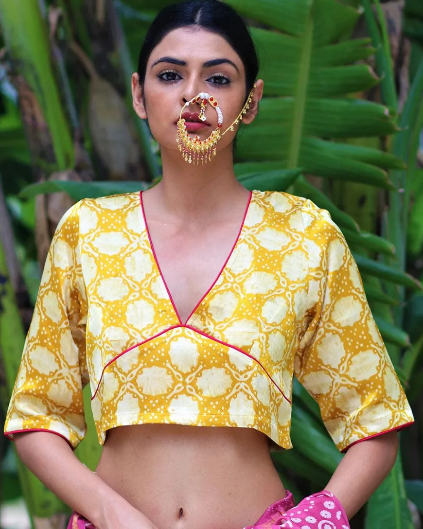 Yellow Blockprinted Mashru Silk Blouse-Chand Se