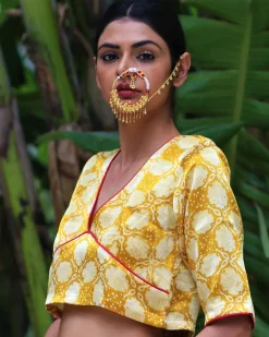 Yellow Blockprinted Mashru Silk Blouse-Chand Se