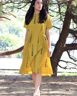 Yellow Eclipse Blockprinted Cotton Pleated Dress
