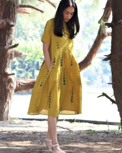 Yellow Eclipse Blockprinted Cotton Pleated Dress