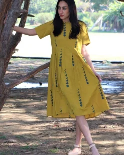 Yellow Eclipse Blockprinted Cotton Pleated Dress