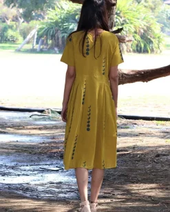 Yellow Eclipse Blockprinted Cotton Pleated Dress