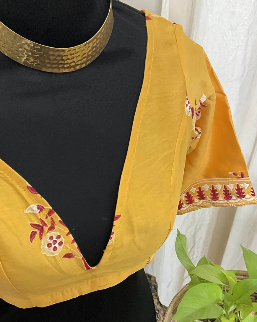 Yellow Handblock Printed Chanderi Silk Blouse - Love Despite