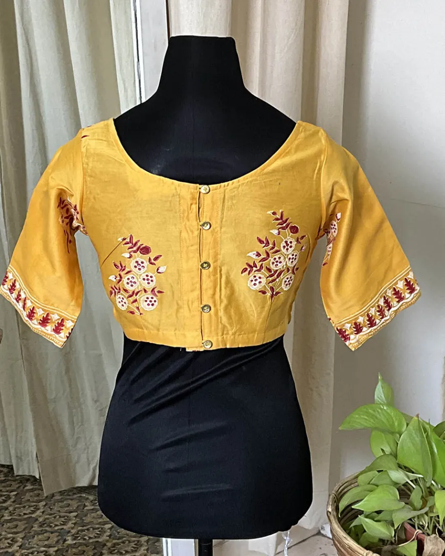 Yellow Handblock Printed Chanderi Silk Blouse - Love Despite