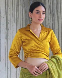 Yellow Tieup Mashru Silk Blouse- Manjari