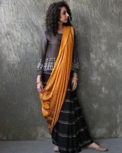 Yellow-Black Blockprinted Modal Silk Saree