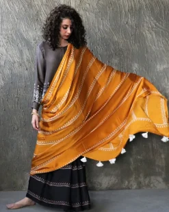 Yellow-Black Blockprinted Modal Silk Saree