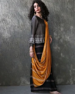 Yellow-Black Blockprinted Modal Silk Saree
