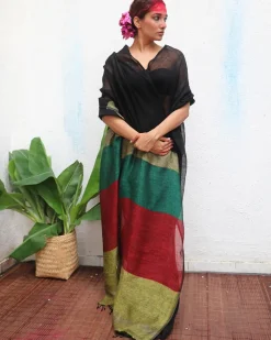 Yogini Handwoven Linen Saree - Kaali