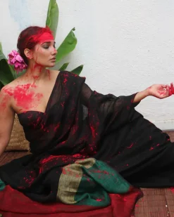 Yogini Handwoven Linen Saree - Kaali