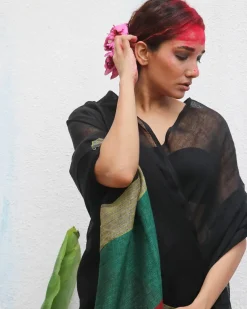 Yogini Handwoven Linen Saree - Kaali