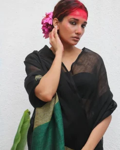 Yogini Handwoven Linen Saree - Kaali