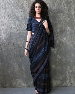 Zoya Handblockprinted Cotton Saree - Kohl