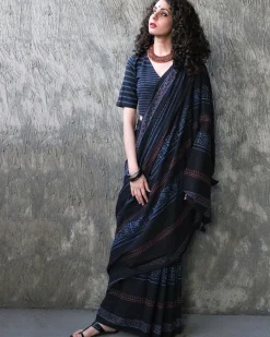 Zoya Handblockprinted Cotton Saree - Kohl